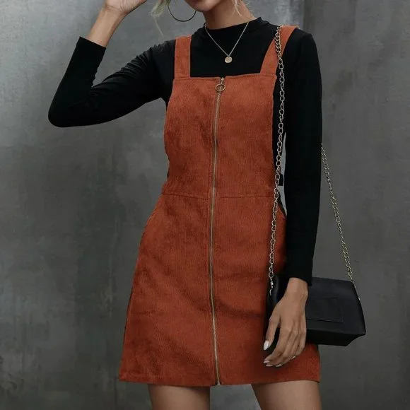 Rust Brown Casual Womens Corduroy O-Ring Zipper Mini Overall Dress - Picture 2 of 5